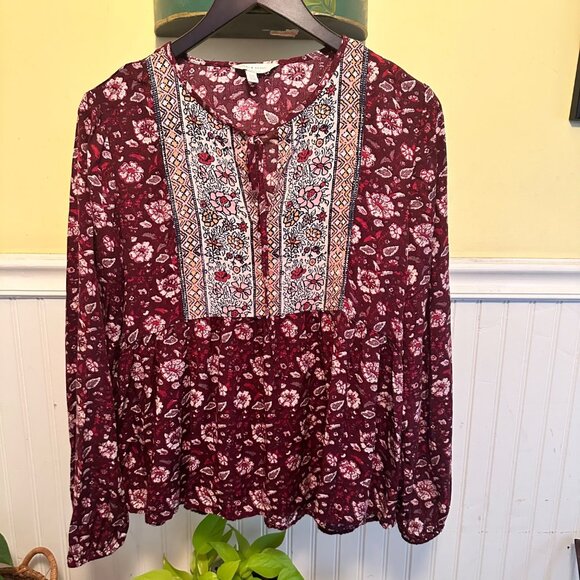 Lucky Brand Small Blouse Bohemian Top Red Floral Flowy - Picture 1 of 7